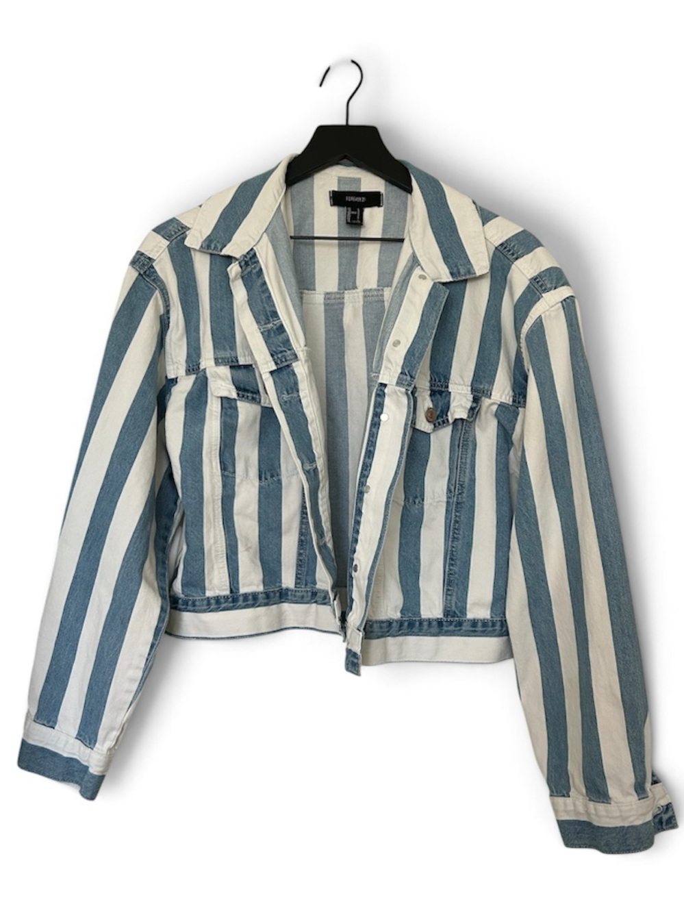 Striped Cropped Denim Jacket - Blue & White